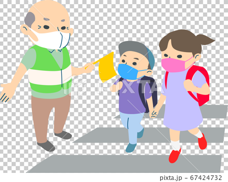 【マスク有】横断歩道で小学生の通学を見守るおじいさん - 主線なし・半袖・夏 67424732