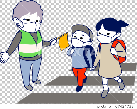 マスク有 横断歩道で小学生の通学を見守るおばあさん 主線あり 半袖 春 秋 冬のイラスト素材