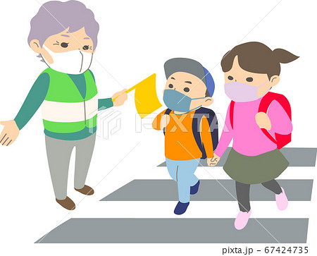 【マスク有】横断歩道で小学生の通学を見守るおばあさん - 主線なし・長袖・春・秋・冬 67424735