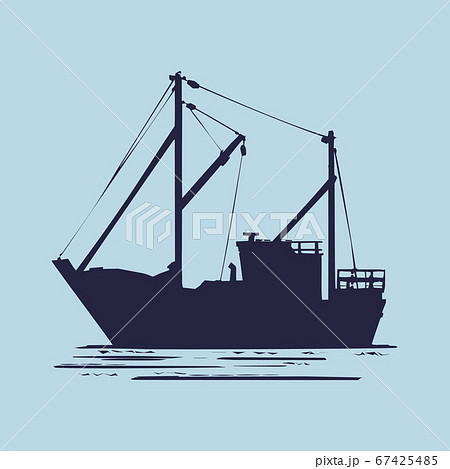 Fishing boat used as a vehicle for finding fish in the sea. Hand-drawn silhouette vector 67425485