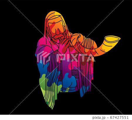 Jewish blowing the Shofar horn cartoon graphic vector.	 67427551
