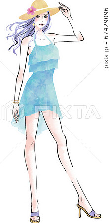 麦わら帽子をかぶった水着女性のイラスト素材