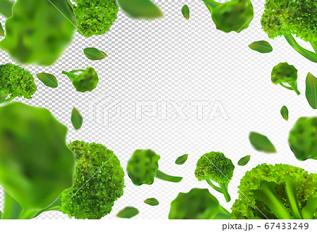 Broccoli background. Flying fresh broccoli cabbage with green leaf on transparent background. 3D realistic vegetables. Falling broccoli. Nature product. Vector illustration Broccoli background. Flying fresh broccoli cabbage with green leaf on transparent background. 3D realistic vegetables. Falling broccoli. Nature product. Vector illustration 67433249