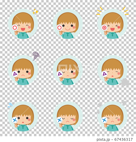 Icon set of a little girl with a round triangle cross Icon set of a little girl with a round triangle cross 67436317
