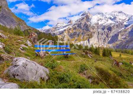 Blue bench near Oeschinnensee lake, Switzerland 67438820