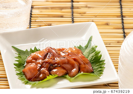 大葉(青じその葉)の上に、いか塩辛。夏の日本酒(冷酒)のおつまみイメージ。 大葉(青じその葉)の上に、いか塩辛。夏の日本酒(冷酒)のおつまみイメージ。 67439219