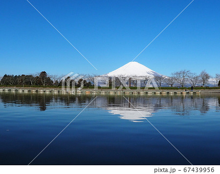 青空と湖面に映る富士山 67439956