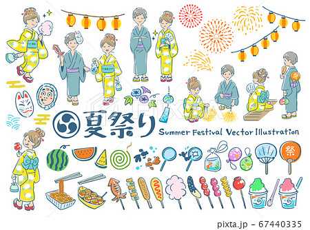 ◇夏祭りの朝◇手描きイラスト 夏祭り・縁日 手描きイラストセットイラスト - No: 25245713