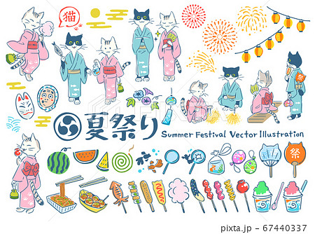夏祭り　手描きベクターイラストセット（猫） 67440337