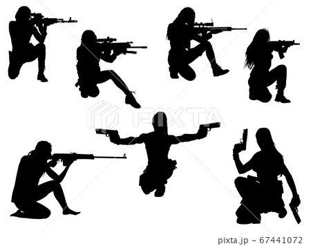 Woman silhouette with guns in hands, vector on a white background Woman silhouette with guns in hands, vector on a white background 67441072