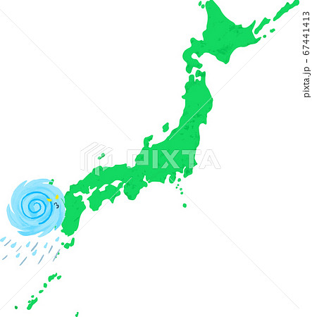 怒っている台風とクレヨン画の日本列島 67441413