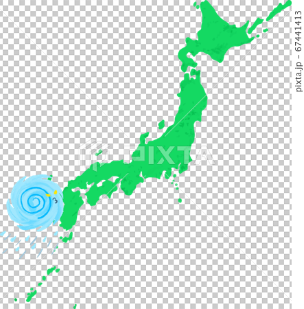 怒っている台風とクレヨン画の日本列島 67441413