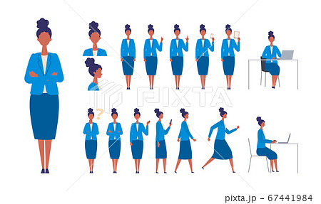 様々な全身ポーズの働く女性のイラスト 働く 立つ 走る 座る 歩くスーツを着た女性のイラスト素材