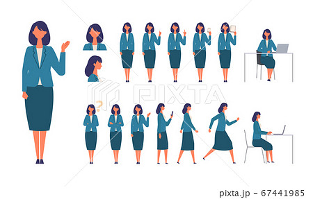 様々な全身ポーズの働く女性のイラスト 働く 立つ 走る 座る 歩くスーツを着た女性のイラスト素材