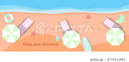Top view of the beach with sun loungers at a distance to observe the quarantine distance on a pandemic. Flat illustration of a sandy beach and sea for recreation and vacation with an ad to observe the Top view of the beach with sun loungers at a distance to observe the quarantine distance on a pandemic. Flat illustration of a sandy beach and sea for recreation and vacation with an ad to observe the 67441991