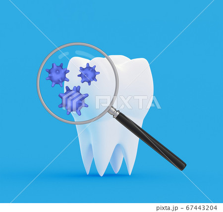 Tooth with abstract bacterias under a magnifying glass. Tooth cleanliness concept. 3d illustration 67443204