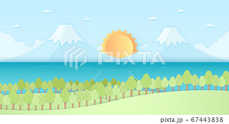 Nature hill, mountain and sea, trees with sun and blue sky, paper art style Nature hill, mountain and sea, trees with sun and blue sky, paper art style 67443838