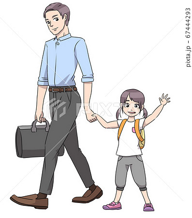父親と手を繋いで通園中に手を振る子供(女の子) 父親と手を繋いで通園中に手を振る子供(女の子) 67444293