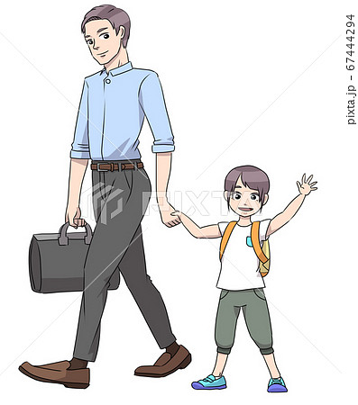 父親と手を繋いで通園中に手を振る子供(男の子) 父親と手を繋いで通園中に手を振る子供(男の子) 67444294
