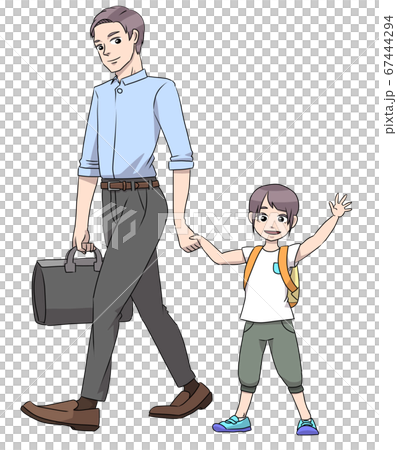 父親と手を繋いで通園中に手を振る子供(男の子) 父親と手を繋いで通園中に手を振る子供(男の子) 67444294