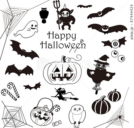 蝙蝠やおばけかぼちゃ蜘蛛の巣小鬼などのハロウィーンのイラスト白黒セットのイラスト素材