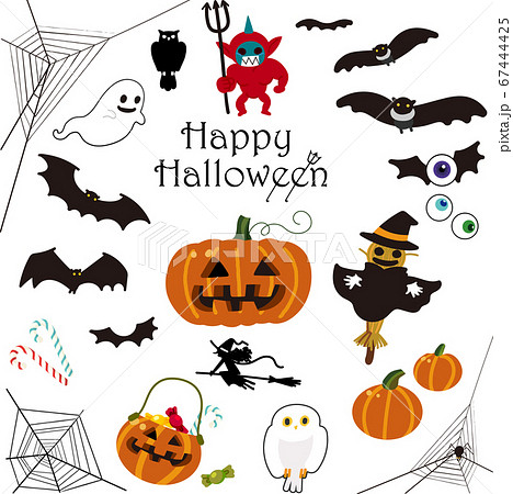 Halloween05蝙蝠やおばけかぼちゃ蜘蛛の巣小鬼などのハロウィーンのイラストカラーセットのイラスト素材