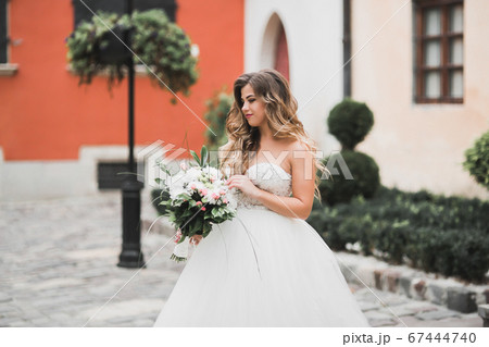 Beautiful fashion bride in wedding dress posing Beautiful fashion bride in wedding dress posing 67444740