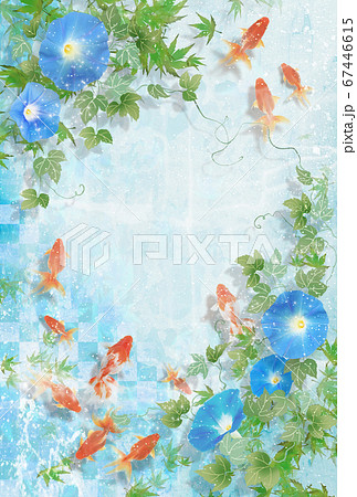 金魚が泳ぎ青い朝顔が咲く夏のイメージのイラスト素材