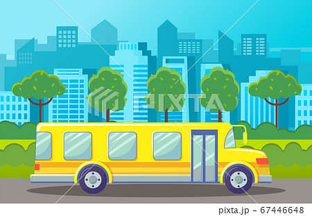 Yellow bus at road at city background with silhouettes of urban buildings, urban transport Yellow bus at road at city background with silhouettes of urban buildings, urban transport 67446648