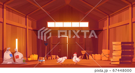 Barn interior with chicken, farm house inside view 67448000