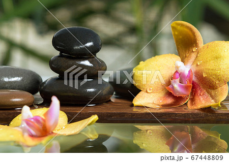 Black zen stones and yellow orchids on a wooden plank on the surface of the water. SPA, relaxation, meditation concept 67448809