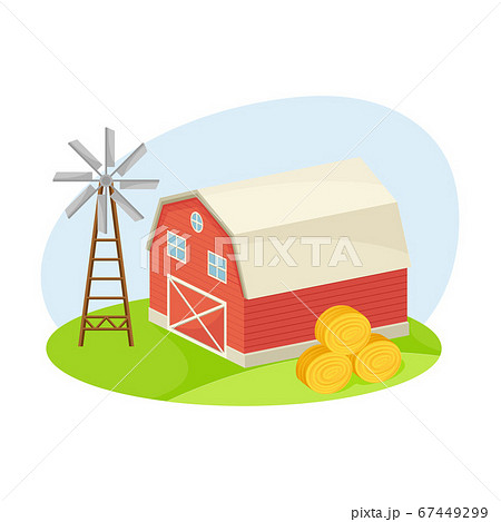Farming Red Barn and Windmill with Haystack Rested Nearby Vector Composition 67449299