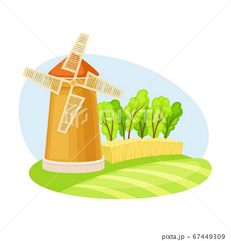 Windmill or Flour Mill with Blades on Green Field Vector Illustration 67449309