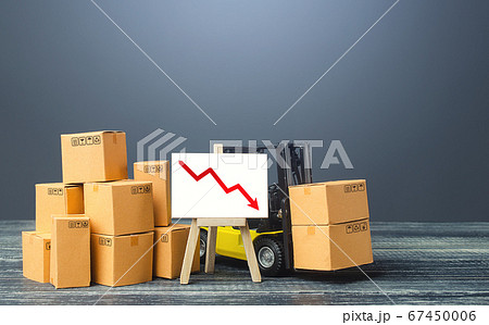 Forklift near boxes and easel with red arrow down. Decline trade and production rates, decreased sales. Low import export. Economic reduced, industry degradation. Marketing, price reduction. Forklift near boxes and easel with red arrow down. Decline trade and production rates, decreased sales. Low import export. Economic reduced, industry degradation. Marketing, price reduction. 67450006
