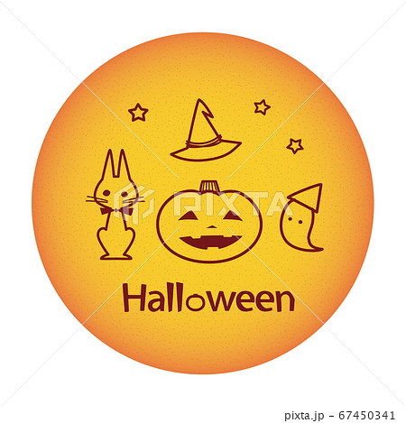 ハロウィン 円形の中の線画素材 ジャックオーランタン 黒猫 お化け ハロウィン 円形の中の線画素材 ジャックオーランタン 黒猫 お化け 67450341