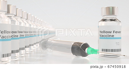 Medical bottles with yellow fever vaccine and syringe, 3D rendering Medical bottles with yellow fever vaccine and syringe, 3D rendering 67450918