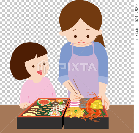お正月に向けておせち作りをするお母さんのイラスト素材