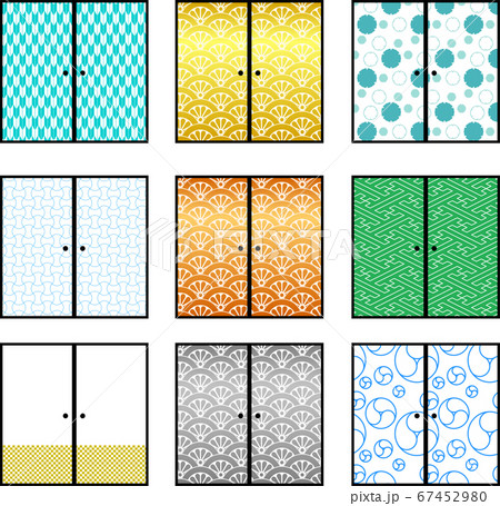 日本の襖 和柄 スライドドア 和風素材 セットのイラスト素材
