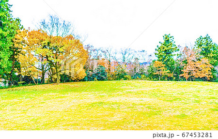 紅葉 芝生広場 色鉛筆 のイラスト素材