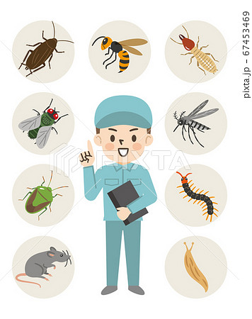 害虫駆除業者の男性と害虫のイラストレーションのイラスト素材