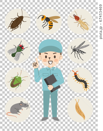 害虫駆除業者の男性と害虫のイラストレーション 67453469