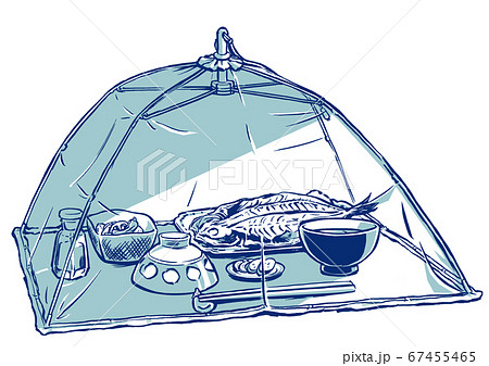 蠅帳を被せたアジの開きが主菜の1人分の食事 筆描き・2色塗り 蠅帳を被せたアジの開きが主菜の1人分の食事 筆描き・2色塗り 67455465