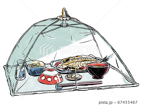 蠅帳を被せたアジの開きが主菜の1人分の食事 版画風 蠅帳を被せたアジの開きが主菜の1人分の食事 版画風 67455467