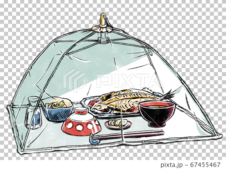 蠅帳を被せたアジの開きが主菜の1人分の食事 版画風 蠅帳を被せたアジの開きが主菜の1人分の食事 版画風 67455467