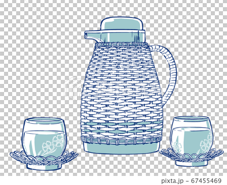 帶有量油尺樣式的冷茶玻璃杯倒入大麥茶和柳條壺 67455469