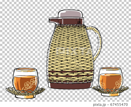 Nadeshiko圖案的柳條鍋和冷茶玻璃杯倒入大麥茶並刷塗/磨砂塗層 67455470