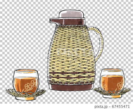 Nadeshiko圖案的柳條鍋和冷茶杯倒入大麥茶，印刷風格 67455471