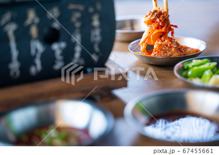 close up kimchi in korean BBQ set 67455661