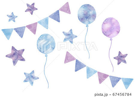 水彩タッチな風船とガーランドと星のパステルカラーセットのイラスト素材 67456784 Pixta