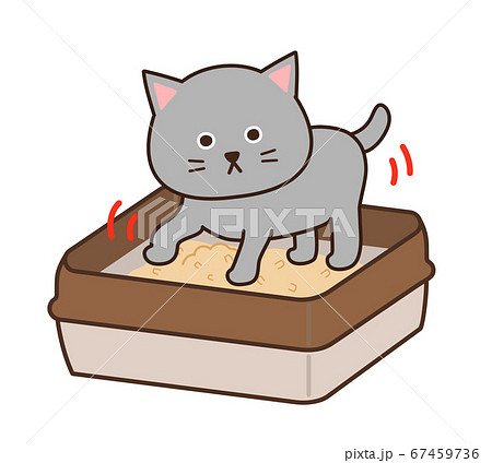 トイレの砂をかくグレー色の猫のイラスト素材